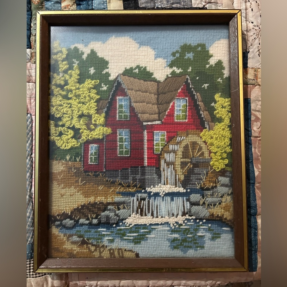 Framed Red House Needlepoint Art